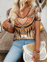 Kadın Kısa Kollu V Yakalısalaş Etnik Desenli Süprem Bluz - Görsel 4