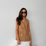 GOLD DÜĞMELİ KETEN YELEK - Kahverengi