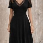 Kadın Kısa Kollu V Dantel Yakalı Midi Viskon Elbise