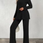 Kadın Uzun Kollu Bisiklet Yaka Yandan Yırtmaçlı şardonlu Kaşkorse Bluz Ve Pantolon Ikili Takım