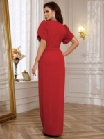 Kadın Kısa Kollu Kruvaze Yakalı Belden çiçek Aksesuarlı Yırtmaçlı Ithal Krep Elbise - Görsel 3