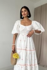 Pudra Dantel Detaylı Brode Elbise - Görsel 2