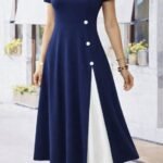 Kadın Kısa Kollu Asimetrik Yakalı Düğme Detaylı Midi Viskon Elbise