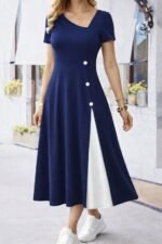 Kadın Kısa Kollu Asimetrik Yakalı Düğme Detaylı Midi Viskon Elbise