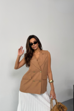 GOLD DÜĞMELİ KETEN YELEK - Kahverengi - Görsel 4