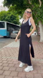 Kadın Askılı Yuvarlak Yakalı Cepli Yırtmaç Detaylı Viskon Elbise Ve Atlet Ikili Takım - Görsel 8