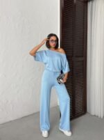 Kadın İsa Kollu Kayık Yaka Bluz Ve Pantolon Misal Kumaş Ikili Takım - Görsel 2