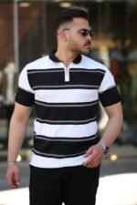 Erkek Yakalı Fermuarlı çift Renk Kısa Kollu T-shirt
