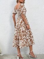 Kadın Kısa Kollu Kare Yakalı Lastikli Desenli Süprem Elbise - Görsel 5