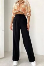 Kadın Yüksek Bel Pileli Palazzo Pantolon - Görsel 4