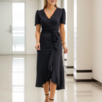 Kadın Kruvaze Yaka Midi Boy Kuşaklı Krep Elbise 120 Cm