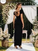 Kadın Kısa Kollu Kare Yakalı Sim Detaylı Arkadan Bağcıklı Yırtmaçlı Uzun Ithal Krep Elbise - Görsel 3