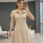 Kadın Kısa Kollu Yakası Fermuarlı Kısa Viskon Iki Iplik Elbise