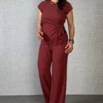 Kadın Kısa Kollu Bisiklet Yaka Yandan Bağlamalı Bürümcük Bluz Ve Pantolon Ikili Takım