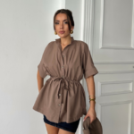 BEL BÜZGÜ DETAYLI POPLİN GÖMLEK - Kahverengi