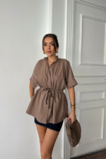 BEL BÜZGÜ DETAYLI POPLİN GÖMLEK - Kahverengi