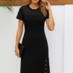 Kadın Kısa Kollu Bisiklet Yaka Dantel Detaylı Düğmeli Modal Elbise