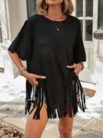 Kadın Kısa Kollu Bisiklet Yaka Püsküllü Viskon Bluz - Görsel 2