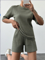 Kadın Kısa Kollu Bisiklet Yaka Kaşkorse Bluz şort Ikili Takım - Görsel 2