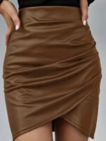 Kadın Yüksek Bel Yandan Fermuarlı Pileli Mini Deri Etek