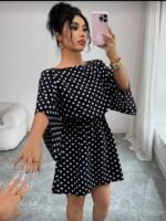 Kadın Puantiyeli örme Krep Mini Elbise (kemersiz) - Görsel 3