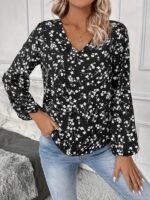 Kadın Uzun Kollu V Yakalı çiçek Desenli Modal Bluz - Görsel 4