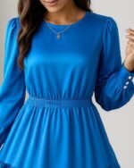 Kadın Uzun Kollu Bisiklet Yaka Beli Lastikli Fırfırlı Ithal Krep Elbise - Görsel 2