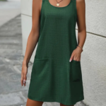 Kadın Kolsuz Kalın Askılı Düğme Detay Cepli Keten Elbise