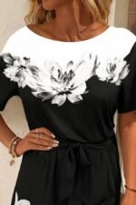 Kadın Tek Omuzu Açık çiçek Desenli Beli Kuşaklı Iki Iplik Mini Short Tulum - Görsel 2