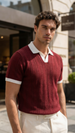 Erkek Örgü Desen Yakalı Kısa Kollu Triko Tişört - %100 Pamuk Akrilik - Görsel 2