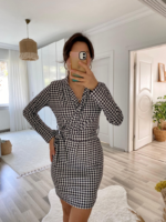 Kadın Uzun Kollu Kruvaze Yaka Bağlamalı Kemer Dalgıç Mini Boy Elbise - Görsel 15