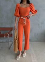 KETEN CROP KARPUZ KOL BLUZ-PANTOLON HASIR KEMERLİ - Orange - Görsel 3