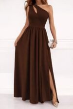 Kadın Omuzlardan Açık Asimetrik Yaka Detaylı Yırtmaçlı Maksi Boy Janjan Krep Elbise - Görsel 2