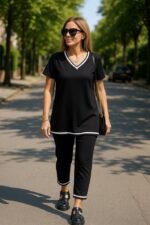 Kadın Kısa Kollu V Yakalı Iki Iplik Bluz Ve Pantolon Ikili Takım - Görsel 8