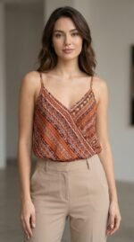 Kadın Ip Askılı V Yakalı Desenli Süprem Bluz - Görsel 8