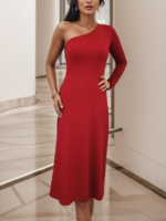 Kadın Uzun Kollu Tek Omuz Detay Krep Elbise - Görsel 6