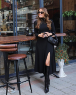 Kadın Uzun Kollu Balıkçı Yaka Derin Yırtmaç Detay Krep Elbise - Görsel 4