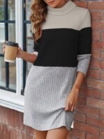 Kadın Uzun Kollu Balıkçı Yaka çizgili çok Renkli Mini şardonlu Kaşkorsel Elbise - Görsel 2