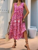 Kadın Askılı Yakası Fırfırlı Bağcıklı Desenli Uzun Süprem Elbise - Görsel 4