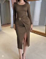 Kadın Uzun Kollu Kruvaze Yaka Yandan Toka Detaylı önden çapraz Detaylı Ottoman Elbise - Görsel 3