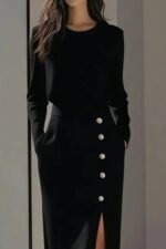 Kadın Uzun Kollu Bisiklet Yakalı Yandan Yırtmaçlı Düğmeli Midi Ithal Krep Elbise - Görsel 2