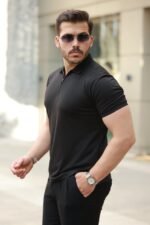 Erkek Deri Panel Detaylı Fermuar Yakalı Kısa Kollu Tişört - Görsel 2