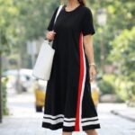 Kadın Kısa Kollu Bisiklet Yaka Yan şerit Detaylı Midi Viskon Elbise