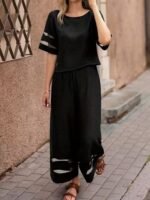 Kadın Kısa Kollu Bisiklet Yakalı Tül şerit Detaylı Bluz Ve Pantolon Ikili Takım - Görsel 3