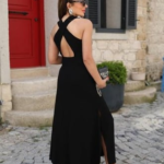 Kadın Arkadan çapraz Detay Yuvarlak Yaka Maksi Viskon Elbise