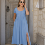 Kadın Kısa Kollu Yuvarlak Yaka önden Yırtmaçlı Cepli Viskon Uzun Elbise