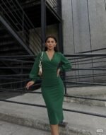 Kadın Kruvaze Yaka Balon Kol Simli Krep Kumaş Midi Boy Elbise - Görsel 3