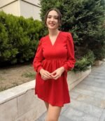 Kadın Uzun Kollu V Yaka Belden Hafif Pileli Scuba Krep Mini Boy Elbise - Görsel 4