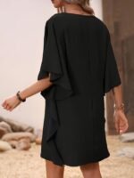 Kadın Kısa Kollu V Yakalı Yanları Volanlı Kısa Ithal Krep Elbise - Görsel 4