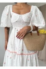 Pudra Dantel Detaylı Brode Elbise - Görsel 3